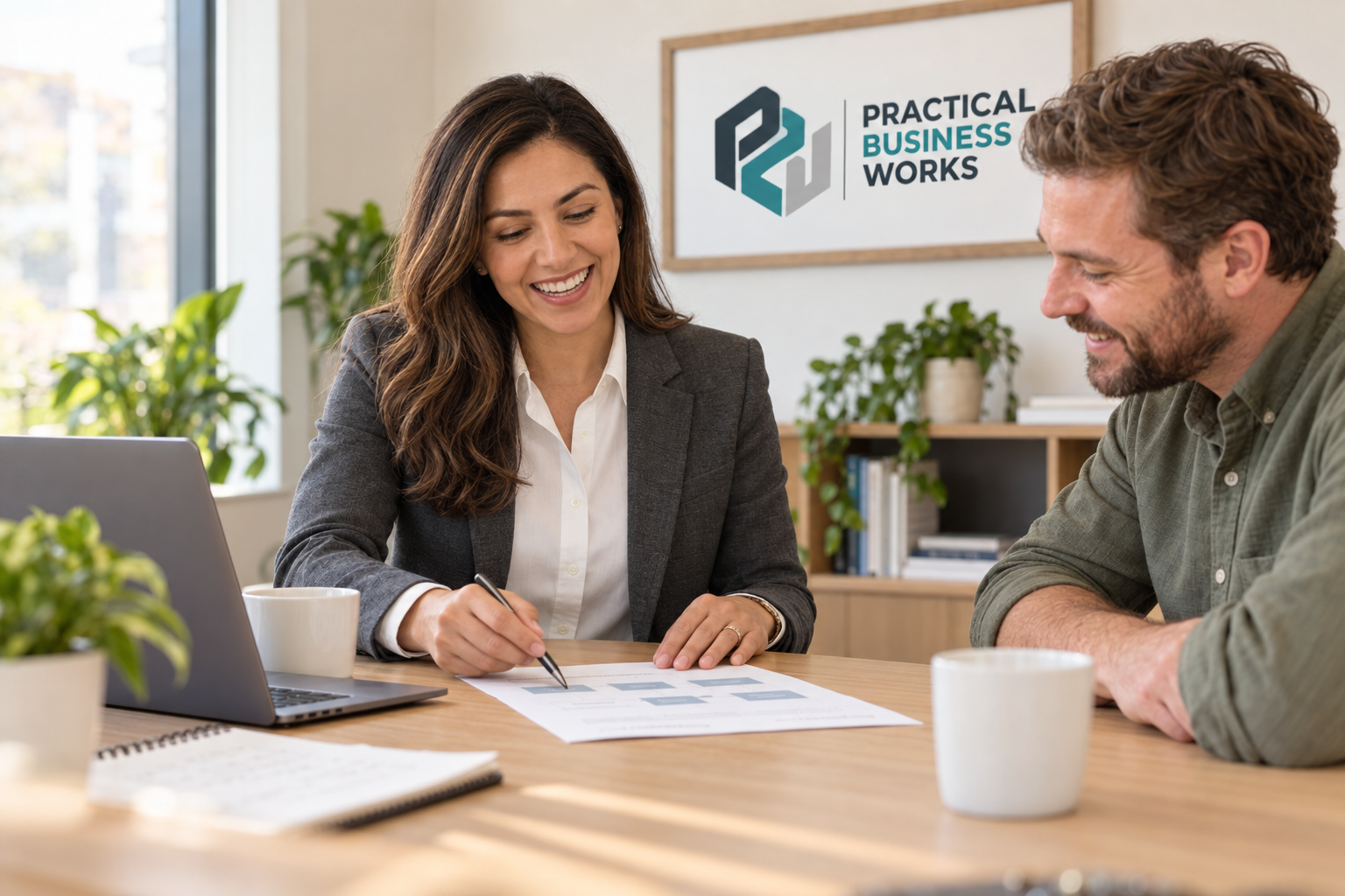 Marta reviewing a business process with a small-business owner